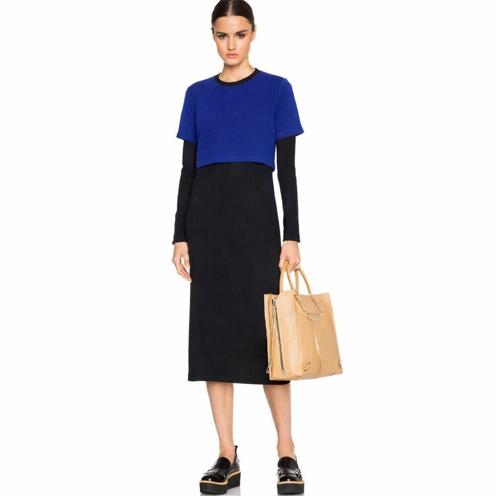 Opening Ceremony Layered Knit Dress Long Sleeve Crew Neck Midi Black Blue